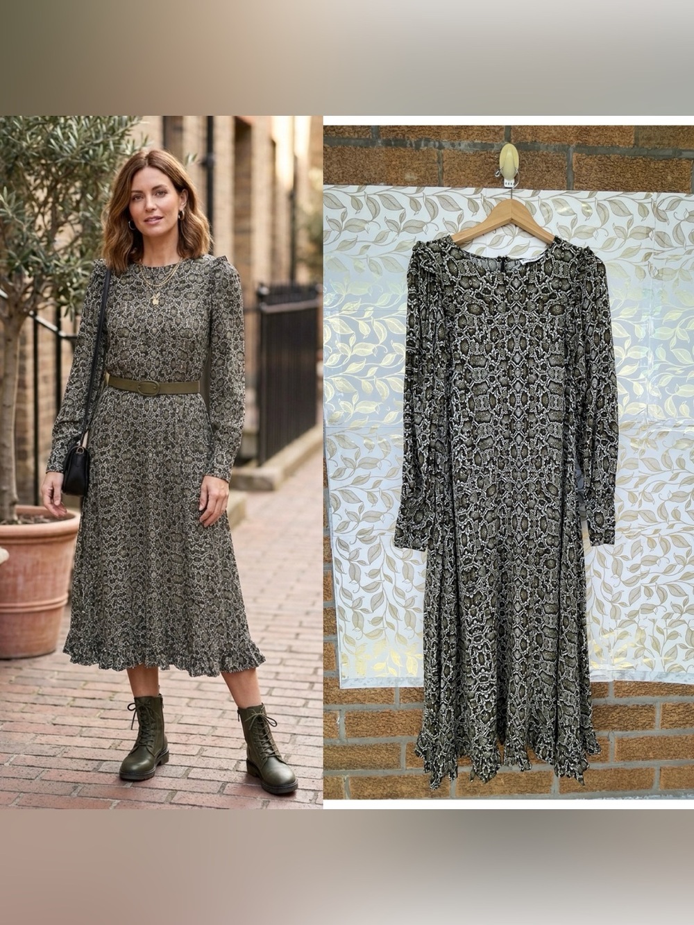 Essentiel Antwerp Python Ruffle Midi Dress Whimsigoth Snakeskin Boho 40 US 8